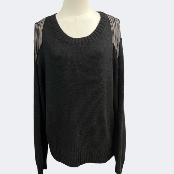Wildfox Sweater L Black Relaxed Fit Crewneck Pull Over Chain Fringe Wool Blend - Picture 1 of 12